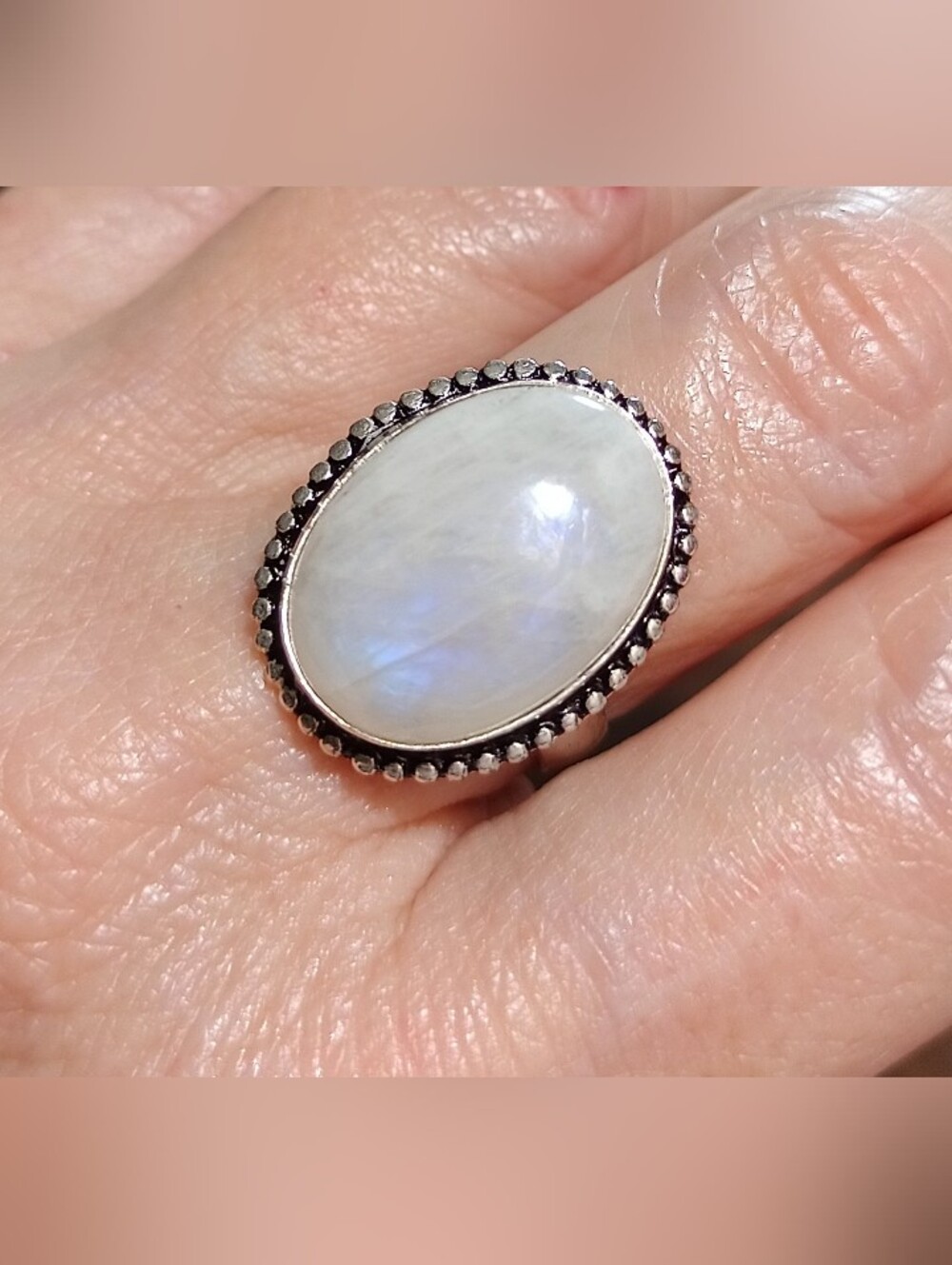 Natural Rainbow Moonstone Oval Silver Ring Sz 8 - Picture 4 of 6